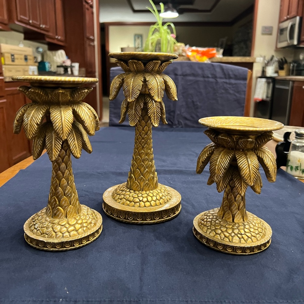 Vintage Ceramic Bronze Palm Tree Candle Holders